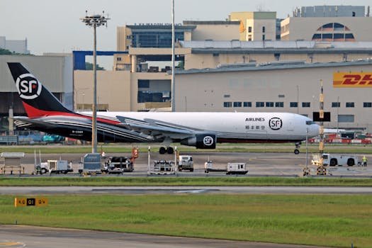 SF Airlines cargo aircraft parked on the airport tarmac near a DHL building.