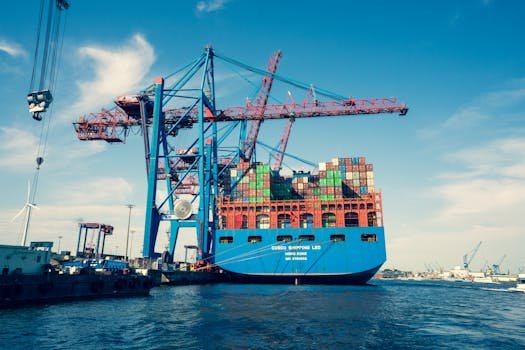 A vibrant scene of a bustling shipping port with towering cranes and a large container ship.