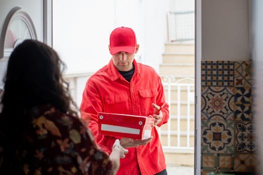 Courier delivering a package to a customer at their home entrance in Portugal.